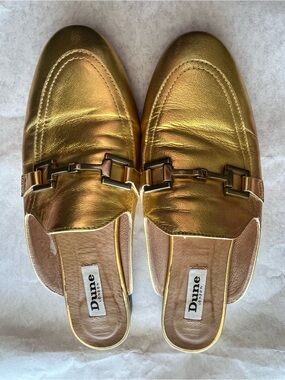 Dune London Metallic Gold Slip-On Mules with Chain Bit